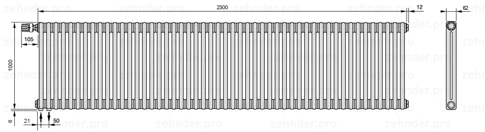 Схема (чертеж) Радиатор Zehnder Charleston 2100/50 №V001 Белый глянцевый RAL 9016